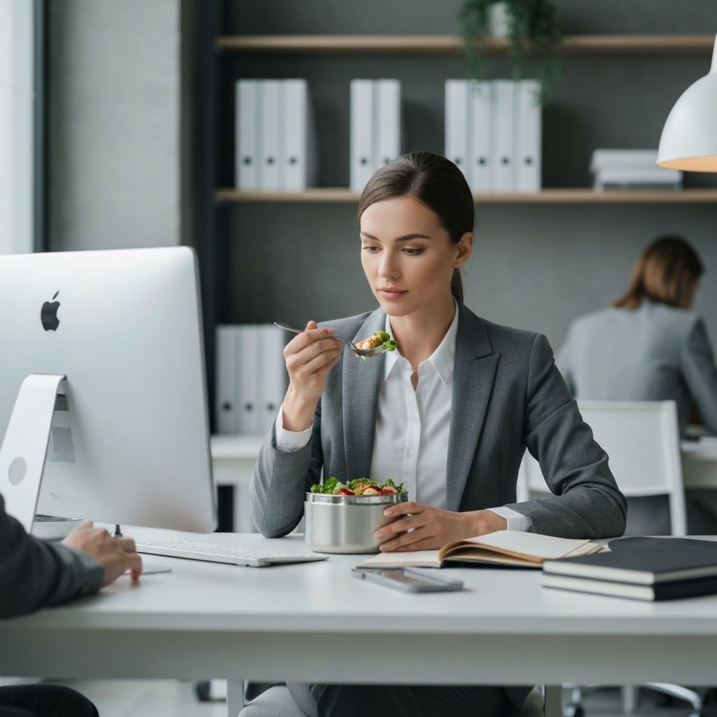 Person eating at work during busy day